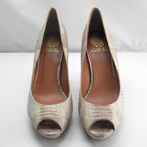 Vince Camuto Beige Rose Snakeskin Leather Peep Toe Heels - Women's Size 9